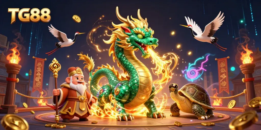 TG88 showcases a magical dragon and wise turtle in a dynamic casino illustration filled with energy and excitement.