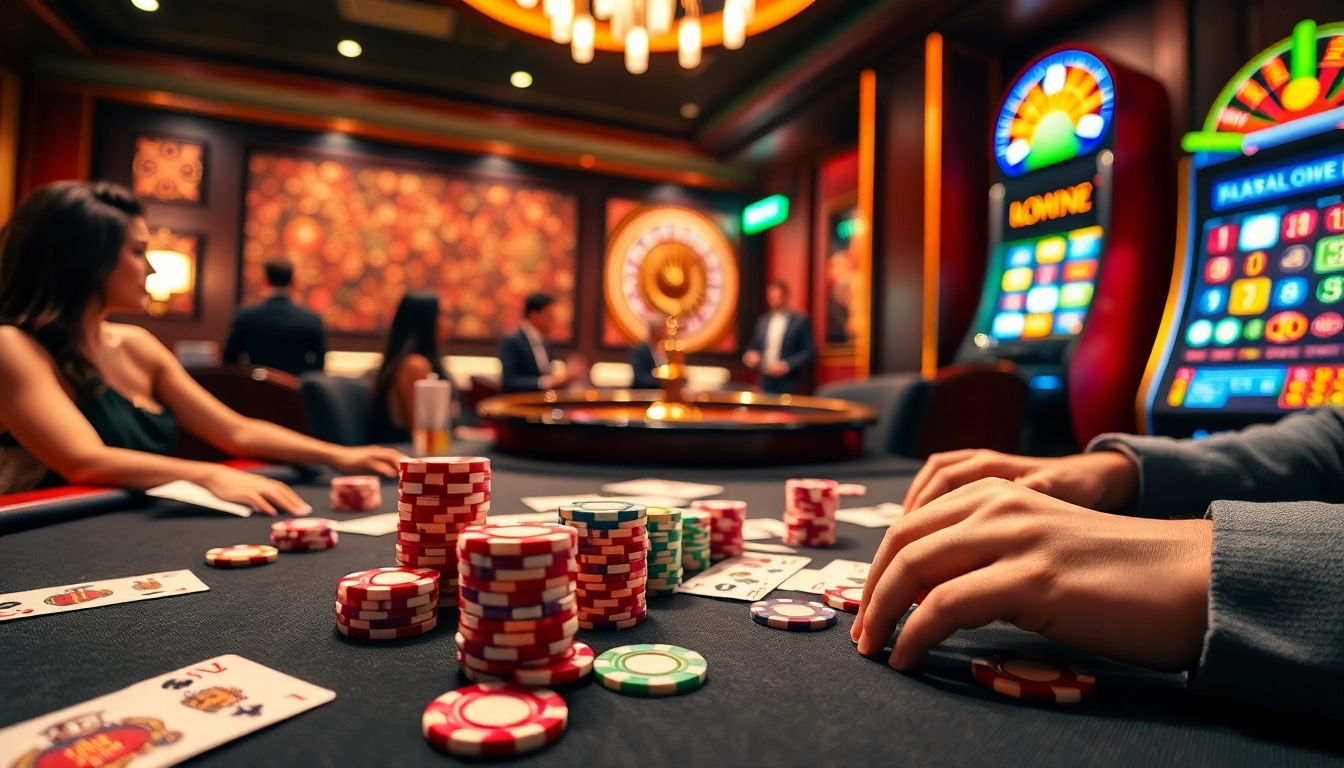 Exciting i9bet gaming scene with poker chips and cards on a luxurious casino table.