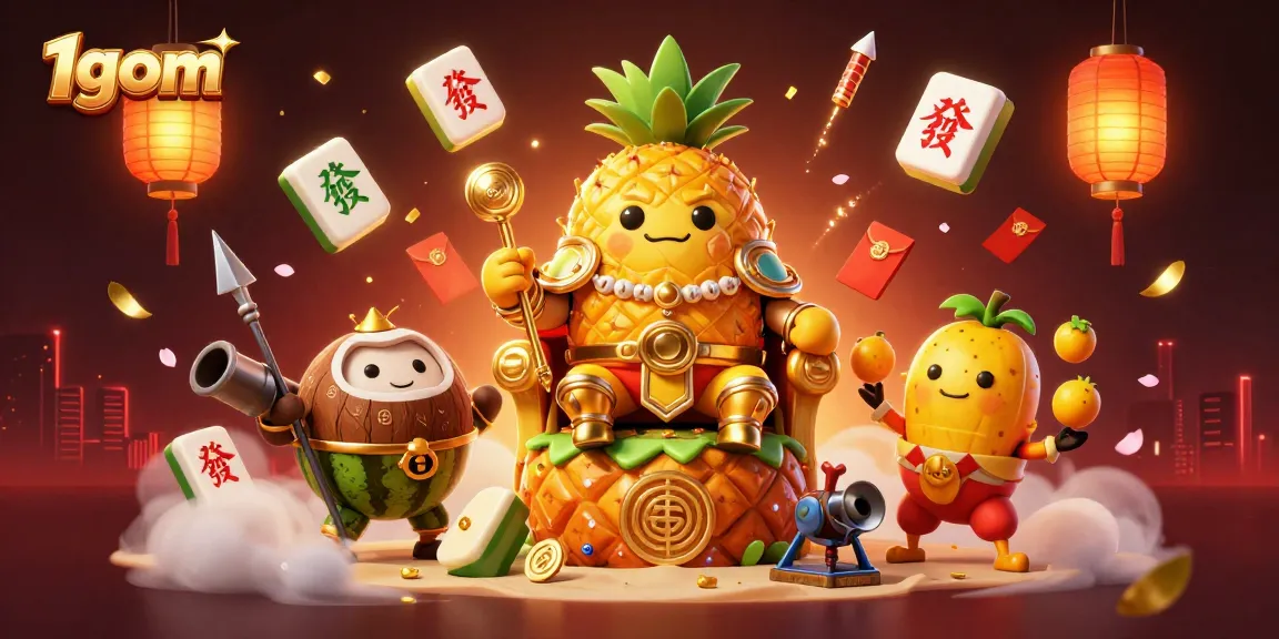 Engage with 1gom's dynamic casino illustration featuring a golden pineapple king and joyful gaming elements.
