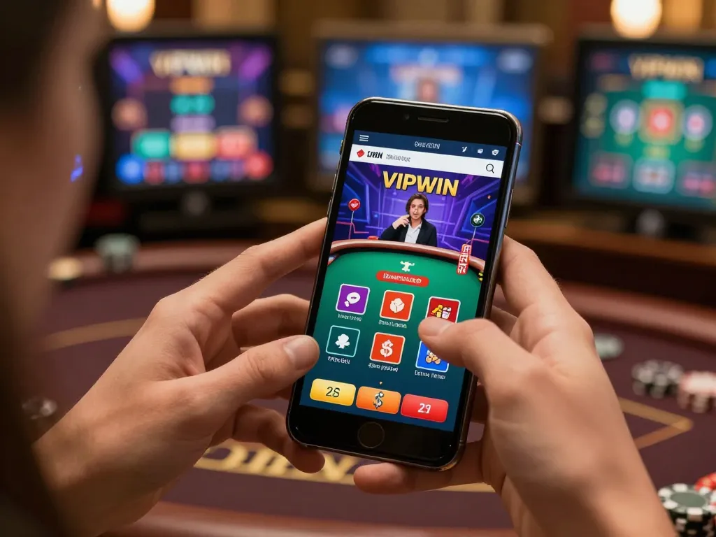 VIPWIN player enjoying live blackjack on mobile device highlighting strategic gaming options and vibrant interface.