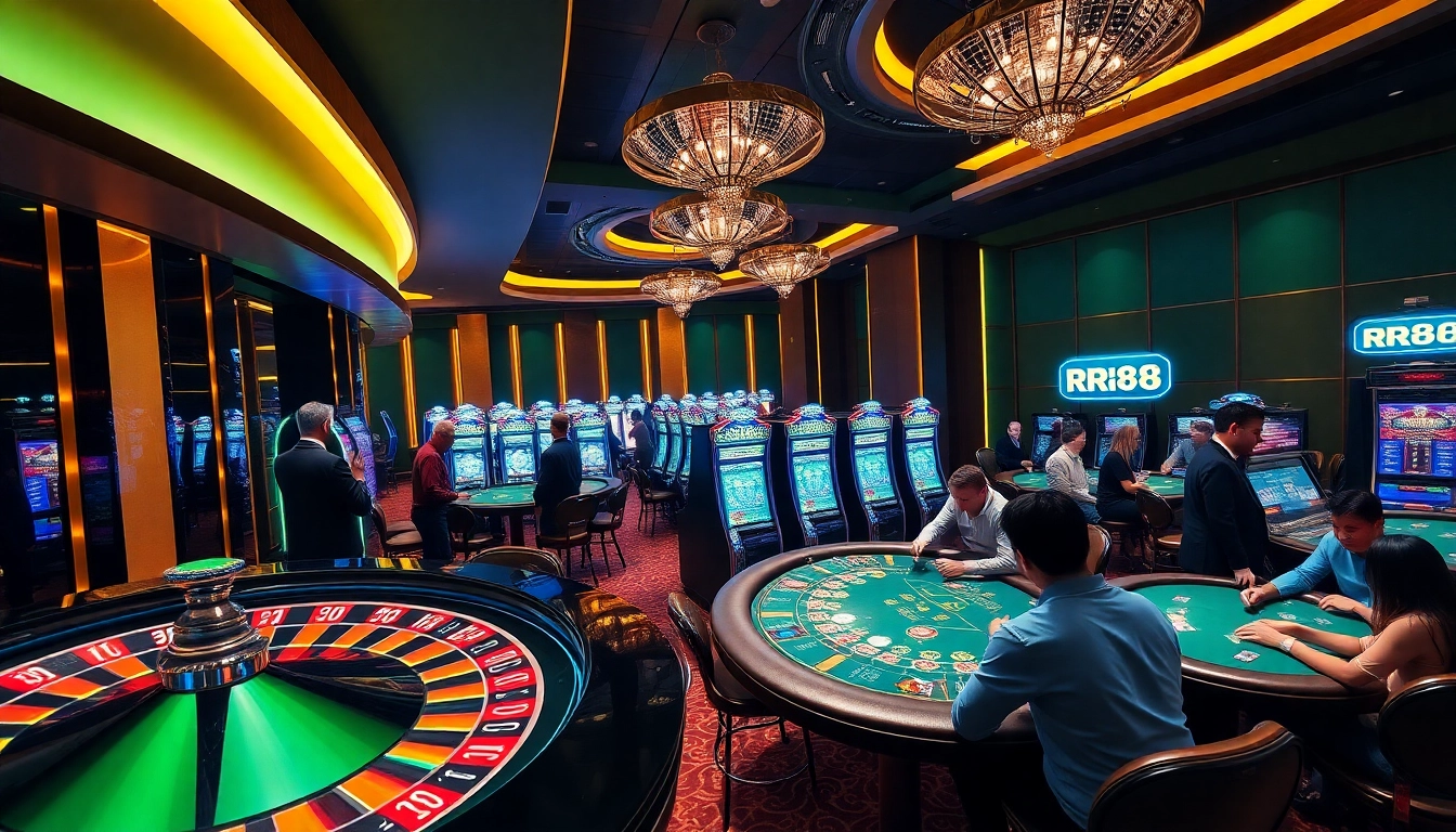 Gambling at RR88 casino with excited players and vibrant games.