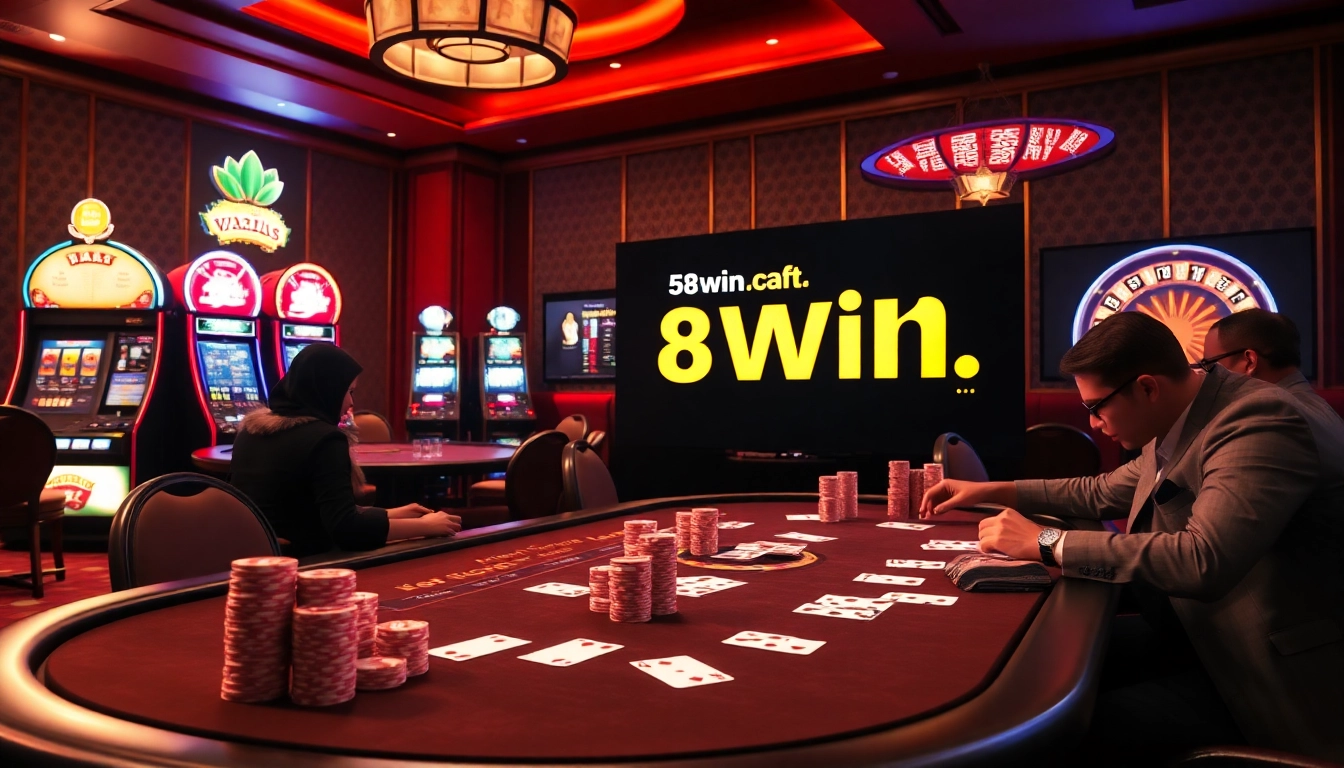 Experience the excitement of online gambling with https://58win.cafe/ at a luxurious casino table.