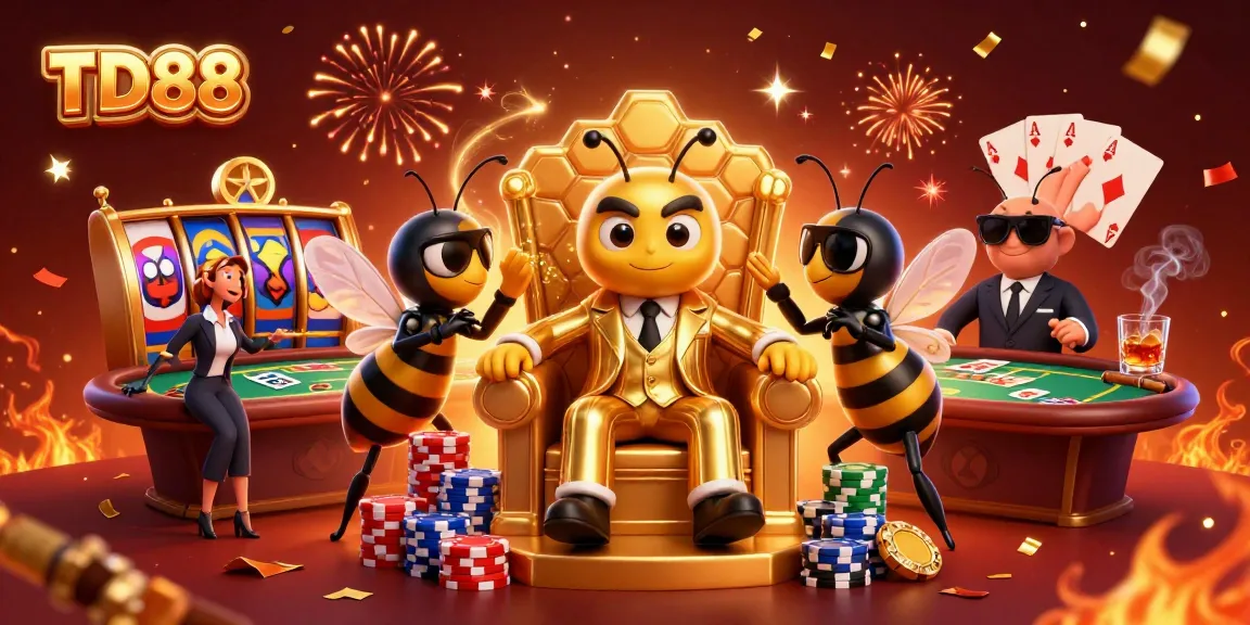 Engage with TD88's vibrant gaming scene showcasing a bumblebee mob boss amidst vibrant slot reels and poker elements.