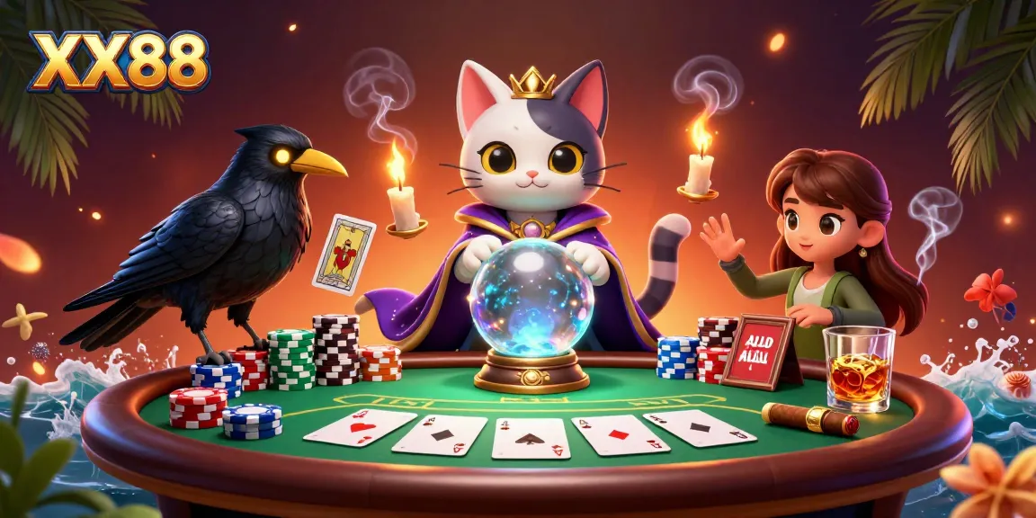 Experience the allure of XX88 with a mystical illustration featuring a fortune teller cat, tarot raven, and poker elements.