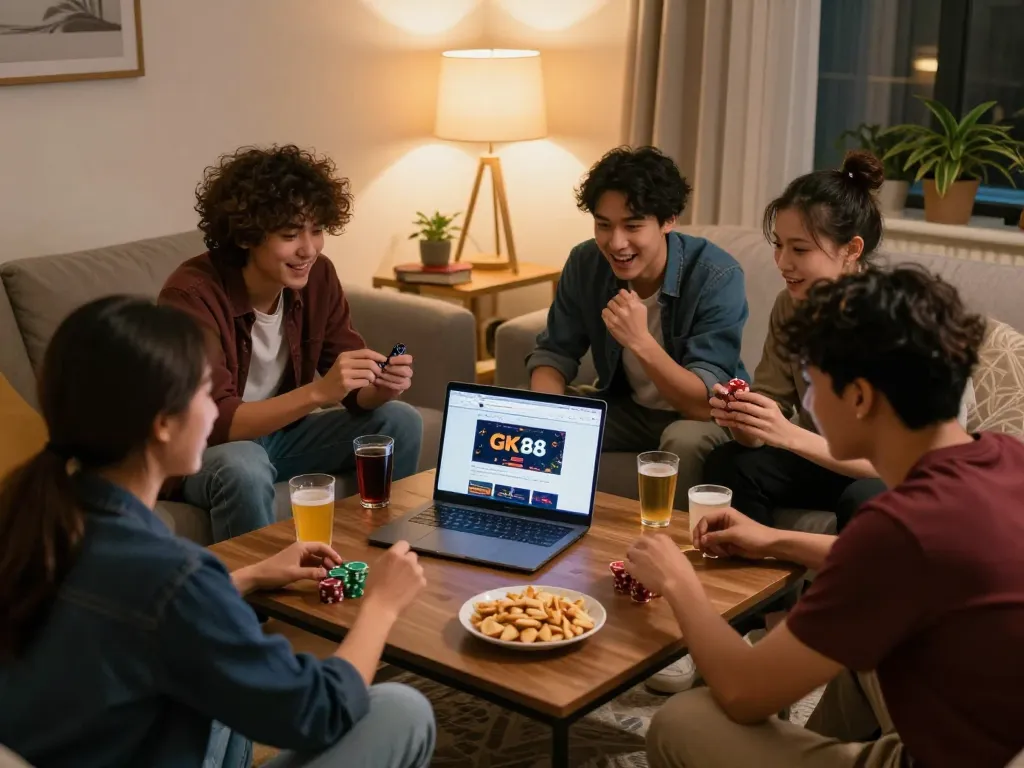 Friends gaming on GK 88 website, discussing strategies in cozy home setting