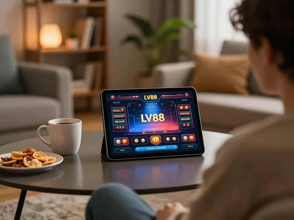 Engaging in online gameplay at LV88 casino with a tablet, enjoying a strategic gambling experience at home.