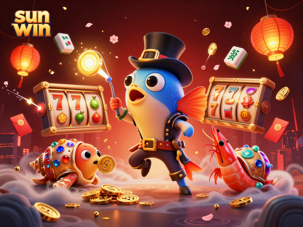 Win big with sun win in this vibrant 3D casino illustration filled with slot elements.