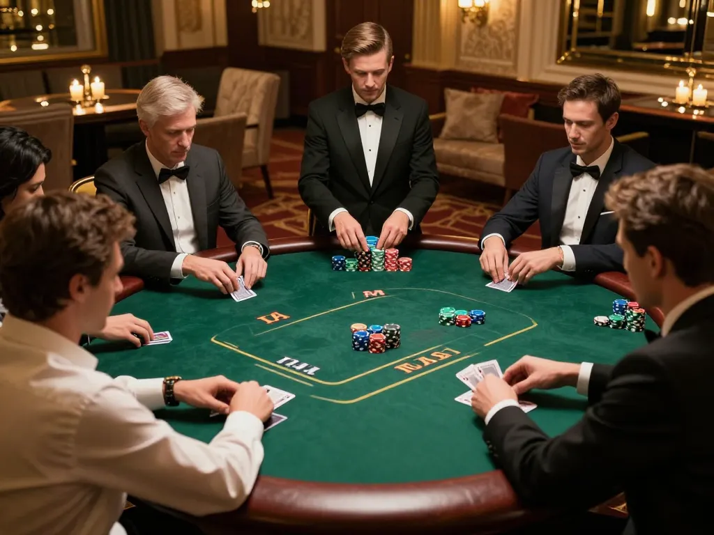 Players engage in a high-stakes poker game at an upscale casino, showcasing sunwin strategies for success.