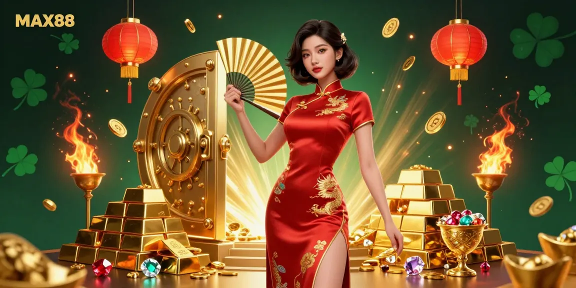Experience MAX88’s vibrant casino scene with radiant characters and golden treasures.