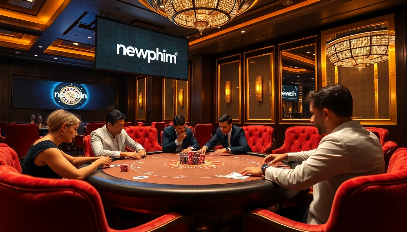 Players are engaged in a high-stakes poker game at the newphim casino, surrounded by luxurious decor and excitement.