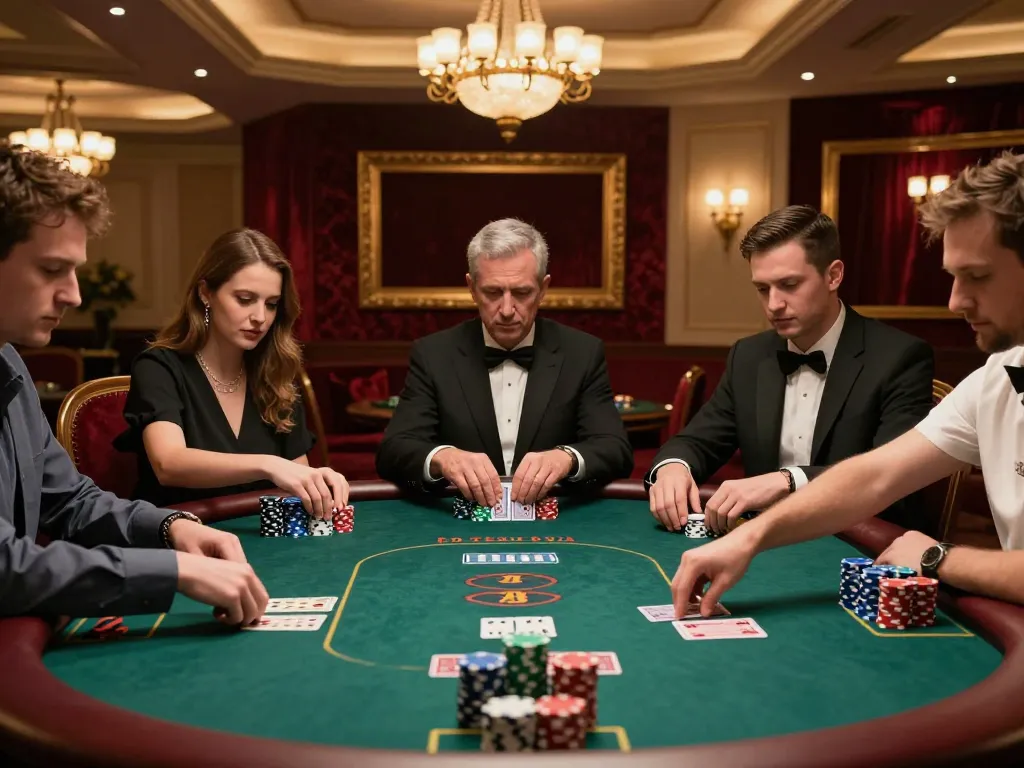 Players engaged in intense poker strategies at 888top's luxurious casino table.