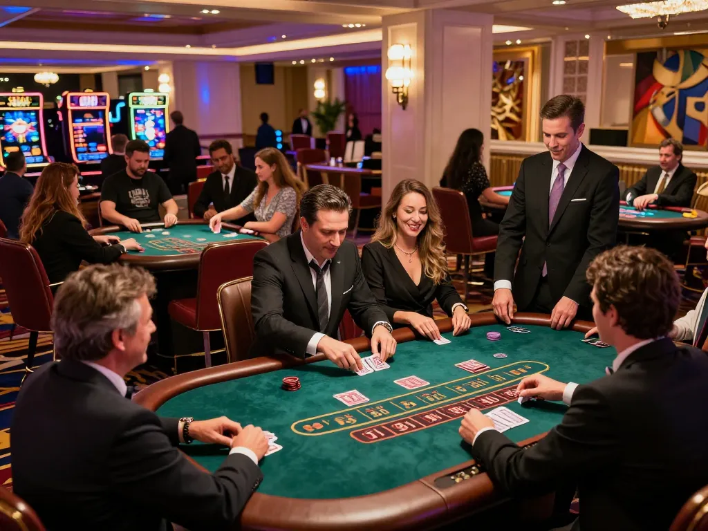 Players engaging at blackjack tables in a vibrant 99ok casino atmosphere, showcasing thrilling gameplay action.