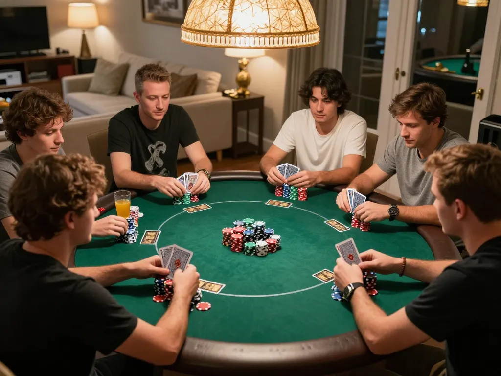 Players enjoying a poker night at home with iwin68 branding visible, showcasing friendly competition.