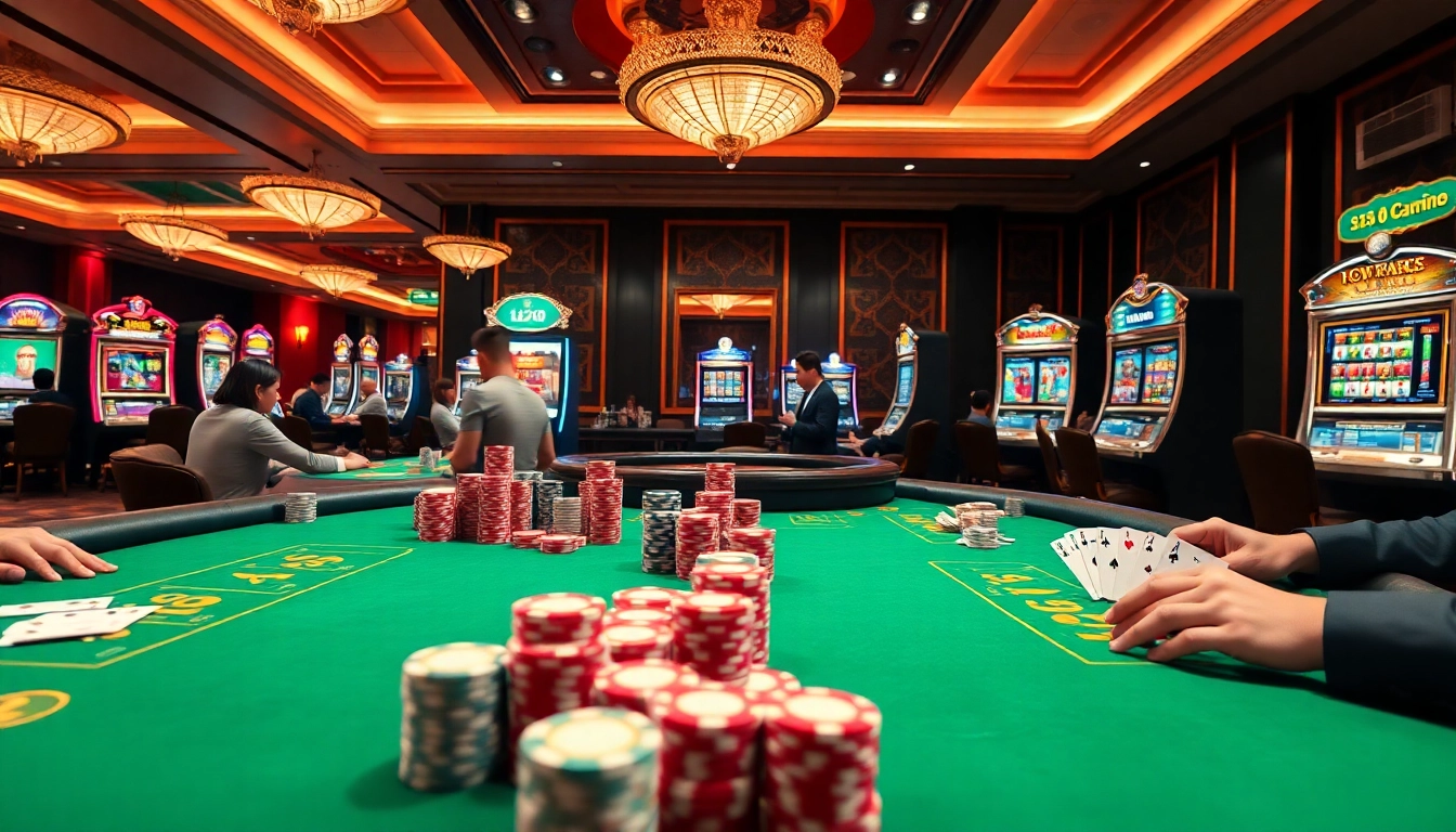 LIXI88 players enjoying thrilling moments at luxurious casino tables with vibrant stacks of chips.
