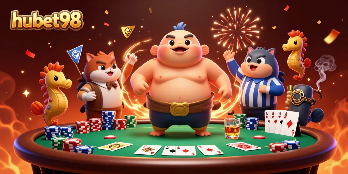 Engage with hubet98's exhilarating poker experience featuring vibrant underwater characters and a lively atmosphere.
