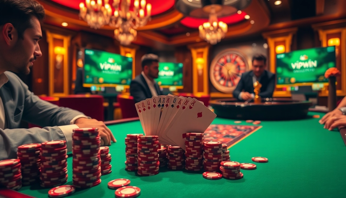 Winning poker chips and cards at a luxury table in a vipwin online casino atmosphere.