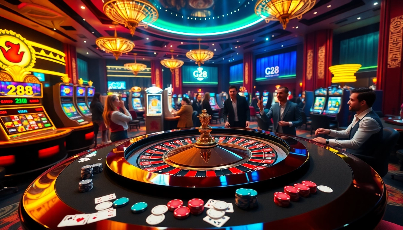 G28 platform's vibrant casino scene with roulette table and excited players.