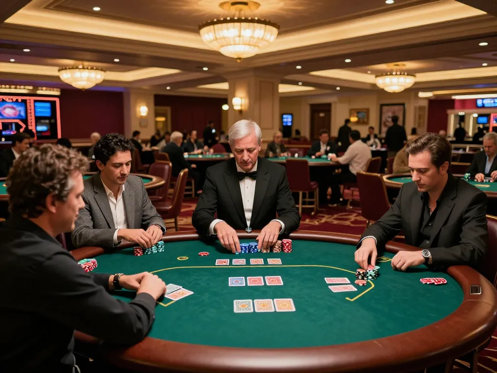 Go8 players strategizing in an upscale casino poker room, chips stacked, and cards being dealt.