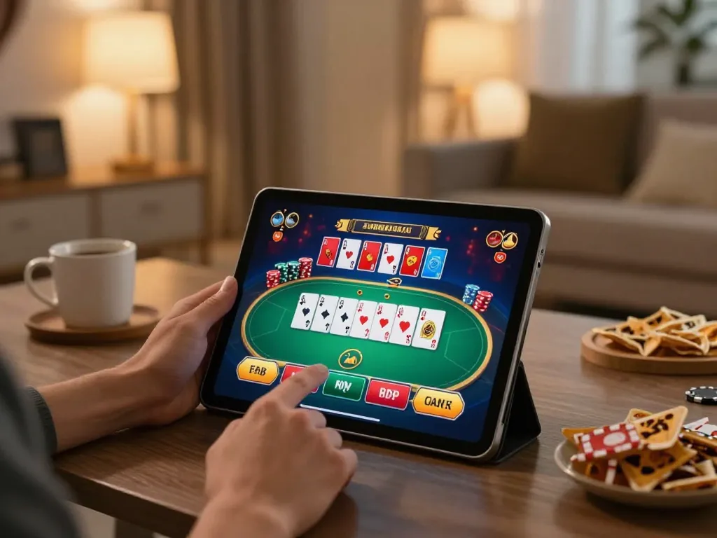 Engaging in poker at Trang chủ TA88 online casino on a tablet in a cozy home setup.