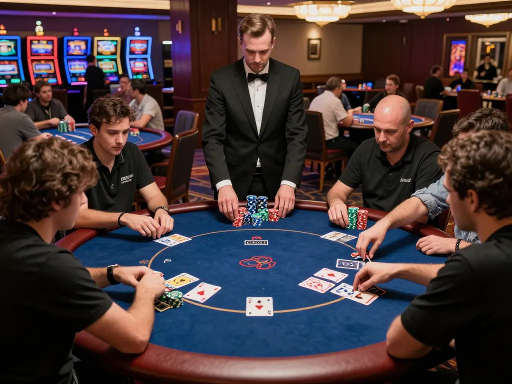 Engaged players at vsbet poker table stacking chips during an intense game night