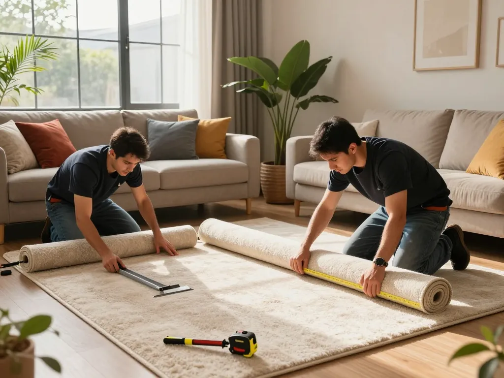 Professional carpet fitters near me installing plush carpet in a stylish living room, enhancing home comfort.