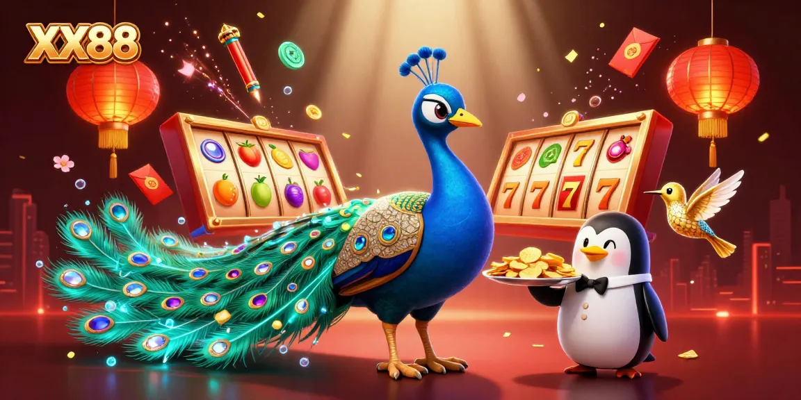 Win big at XX88 with vibrant 3D casino action featuring slot reels and colorful characters.