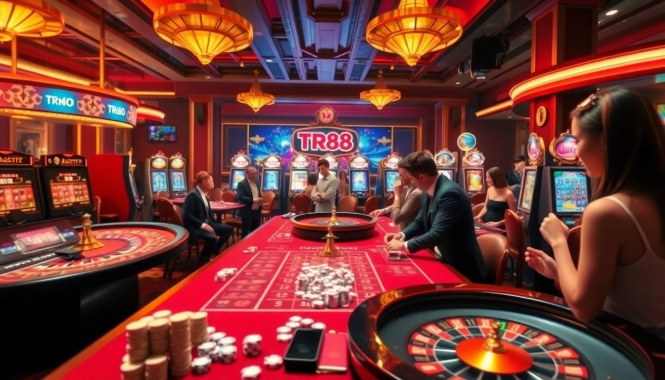 Exciting casino action featuring TR88, poker chips, and a colorful roulette wheel spinning.