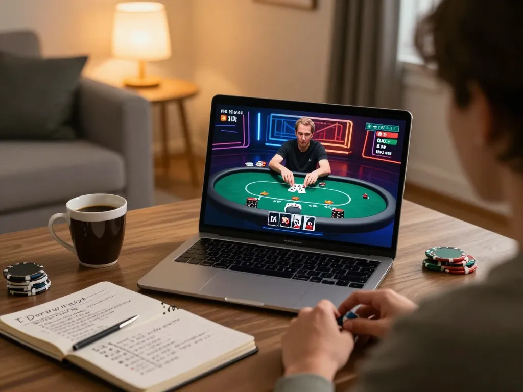 LV88 player engaged in online poker, showcasing strategic notes and a cozy gaming setup.
