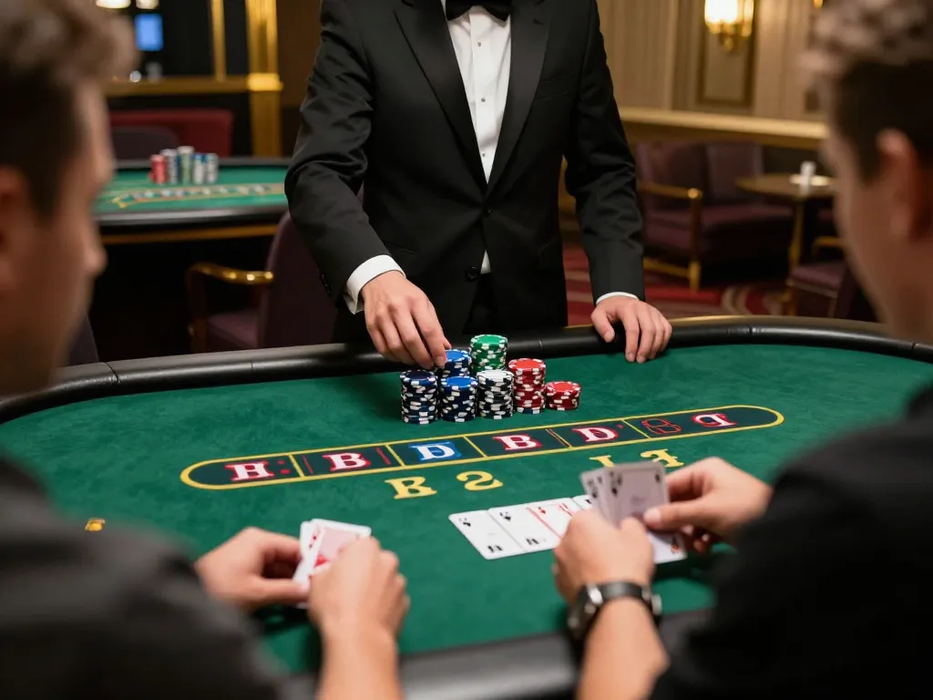 Players engaging in a thrilling blackjack game at https://tx88at.com/ with chips stacked and dealer managing bets.
