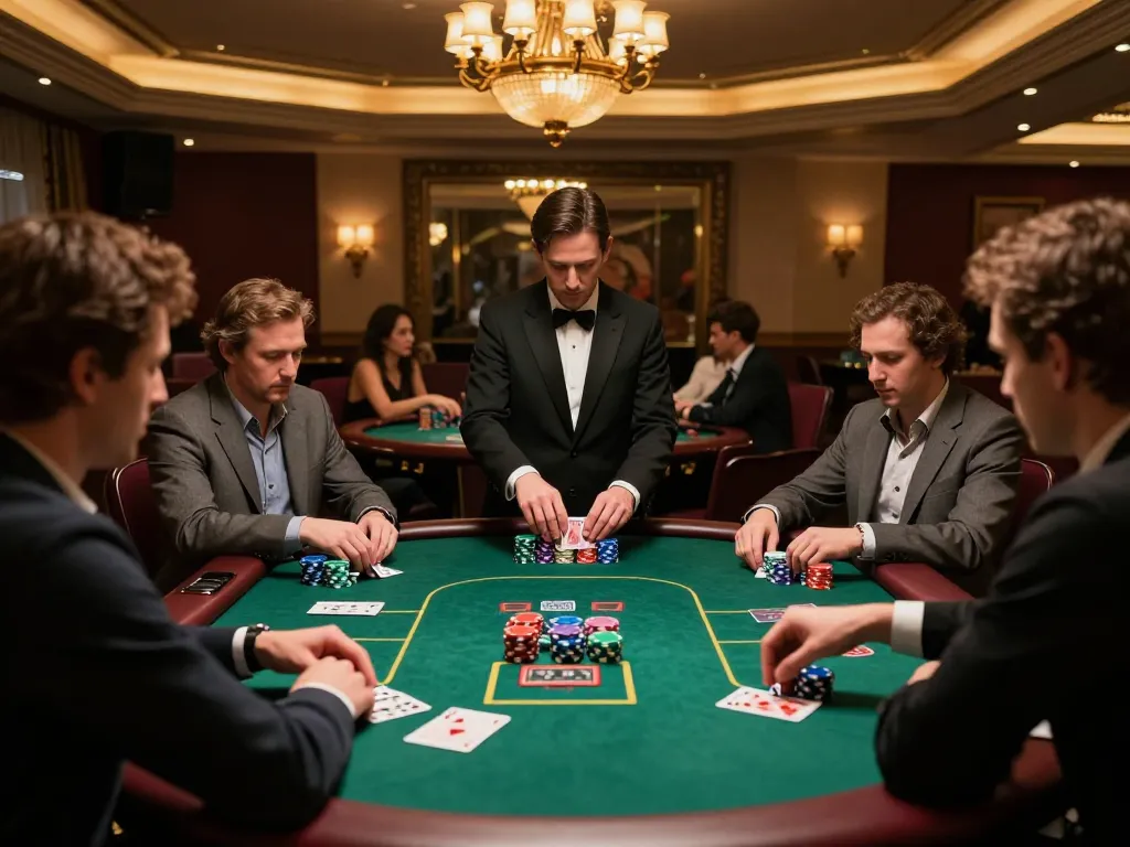GO8 players engaging in an intense poker game amidst luxurious casino ambiance