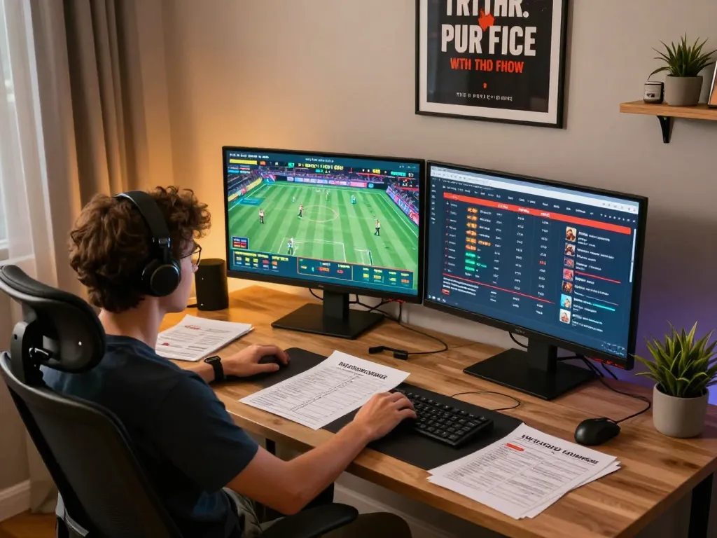 Engaged user placing bets on BL555's online platform via dual monitors.