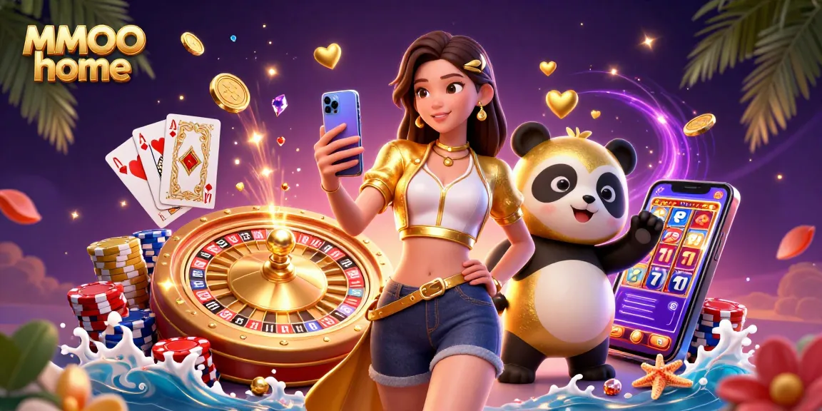 Engage in thrilling gameplay with MMOO home, featuring a woman gaming on her smartphone amidst cascading golden coins and a playful panda.