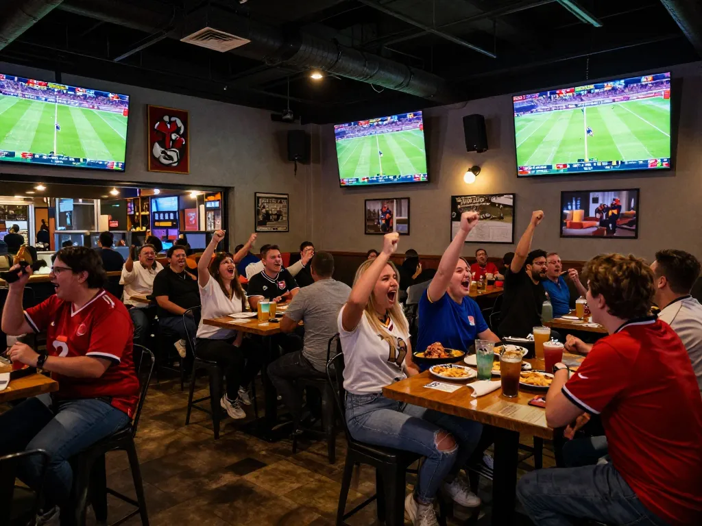 Fans celebrating footballresults in a bustling sports bar with live score updates.