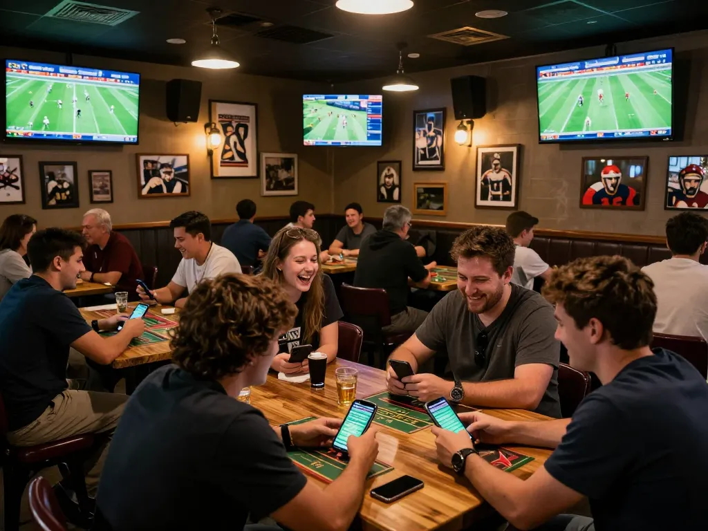 Patrons engaging in sports betting while following kqbd updates on multiple screens in a lively sports bar.