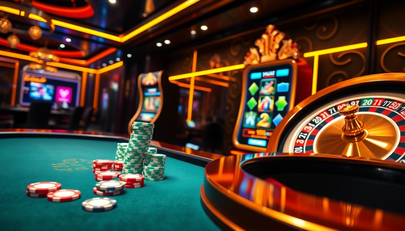Engage with exciting gaming action at https://ax88.bid/ with a luxurious casino setup showcasing poker chips and roulette.