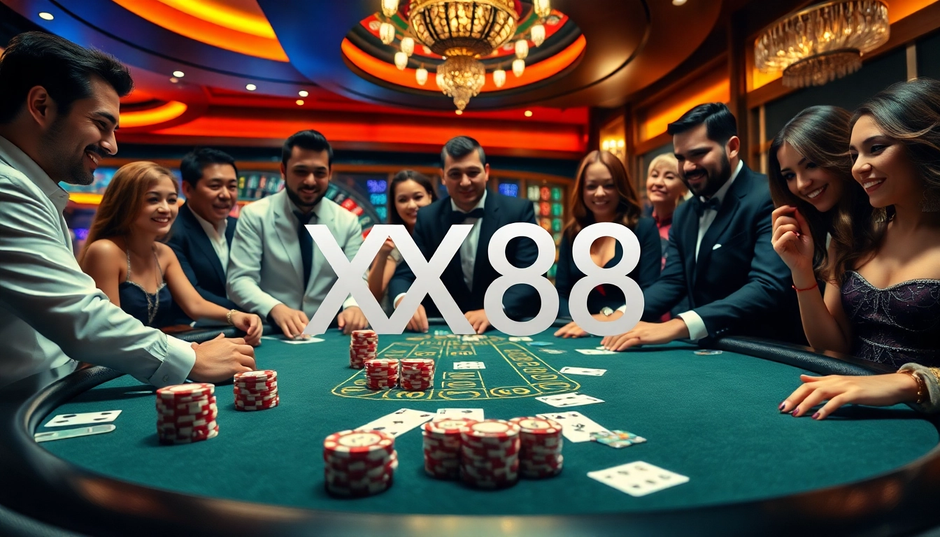 Engaging poker scene at XX88 casino featuring excited players and vibrant gameplay.