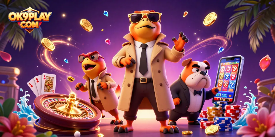 Win big with OK9PLAY COM in a vibrant casino scene featuring raptors and winning games.