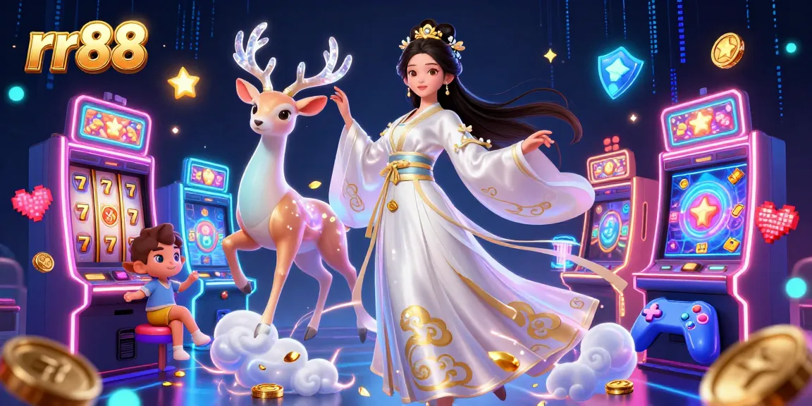 Experience impressive gameplay at rr88 with a beautiful Asian woman in hanfu, joyful game elements, and vibrant casino scenes.