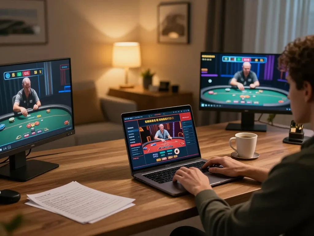 Playing exciting ee88 casino games at a cozy home gaming setup with laptop and betting notes