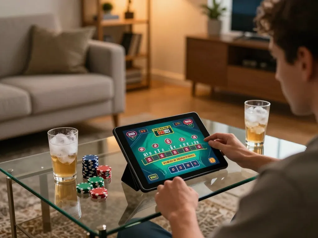 Player enjoying AX 88 blackjack on a tablet, surrounded by colorful chips and warm home atmosphere.