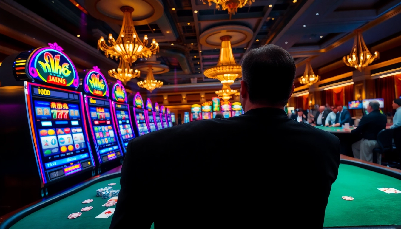 Witnessing the excitement of nổ hũ at a luxury casino, with vibrant slot machines and celebratory atmosphere.