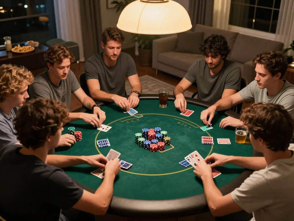 Bongdallu users enjoying an exciting home poker night, analyzing strategies and enjoying social gameplay.