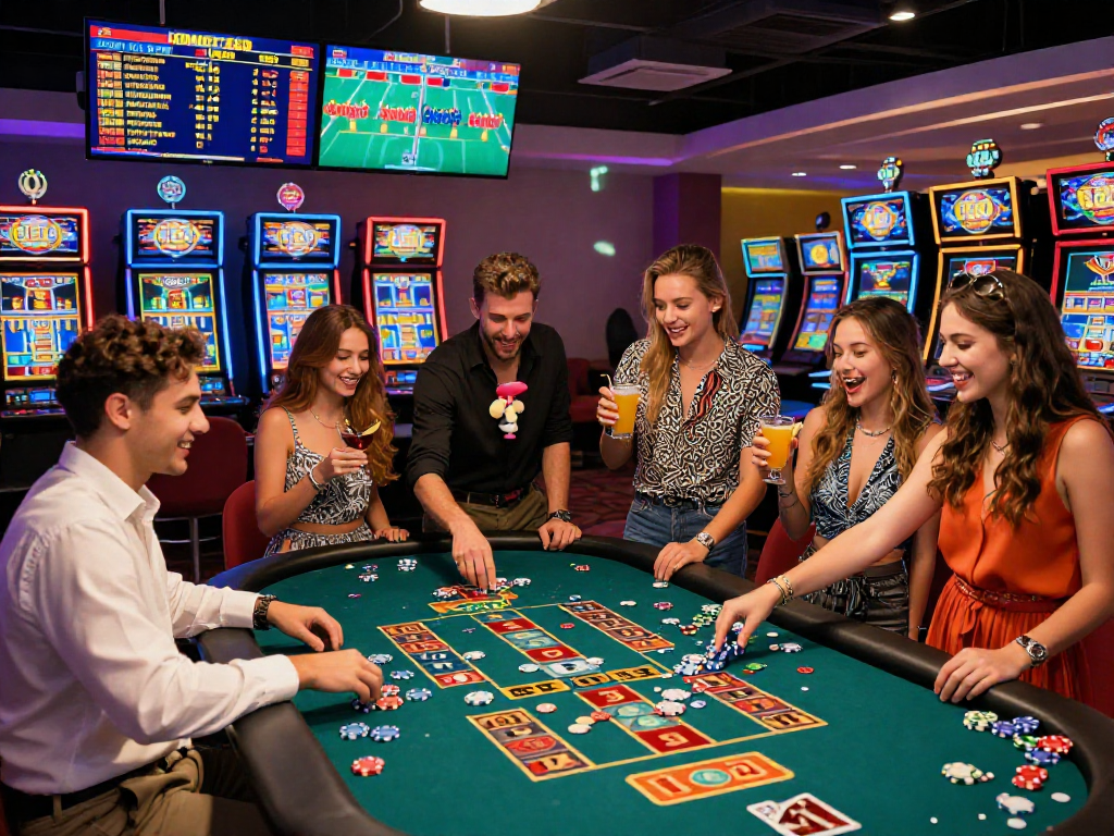 KOMBET168 gaming friends celebrating at vibrant casino table with colorful chips and bright lights.