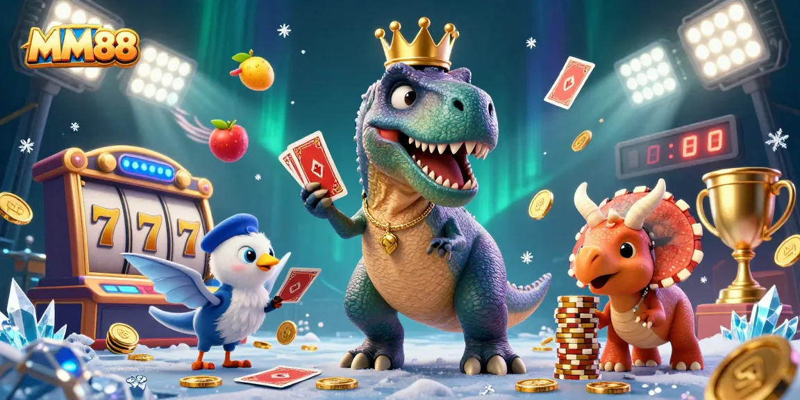 Experience the thrill of MM88 with a fun 3D casino scene featuring a playful T-Rex and friends.