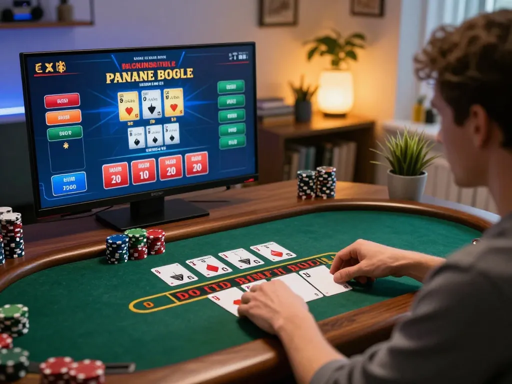 Player engaging in GO8 live dealer blackjack at home, showcasing online casino excitement and strategy.