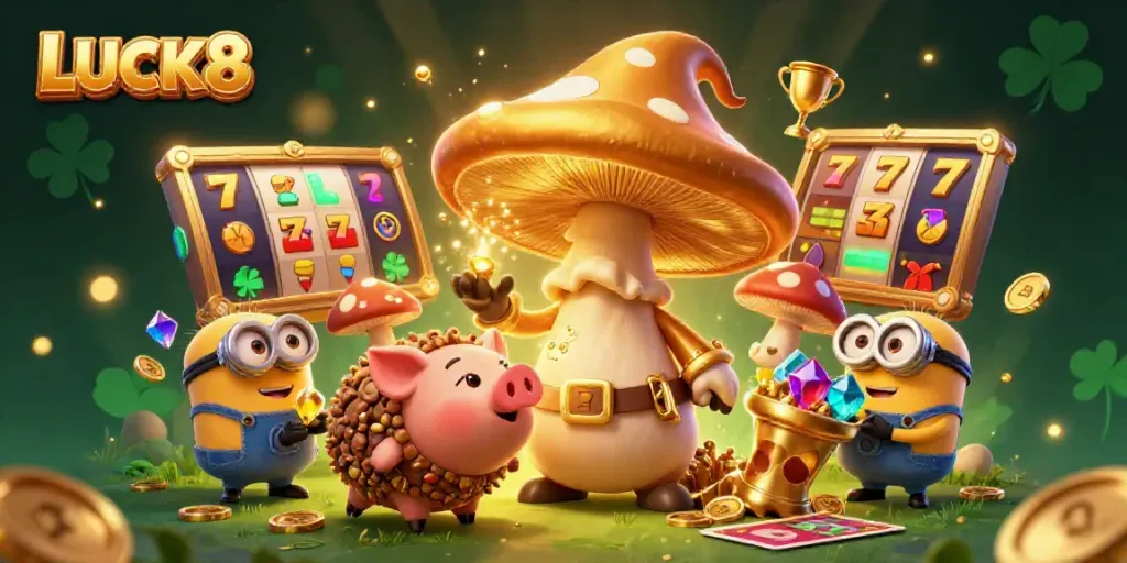 Experience magical winning moments at LUCK8 with golden mushroom wizard and treasure-seeking companions.