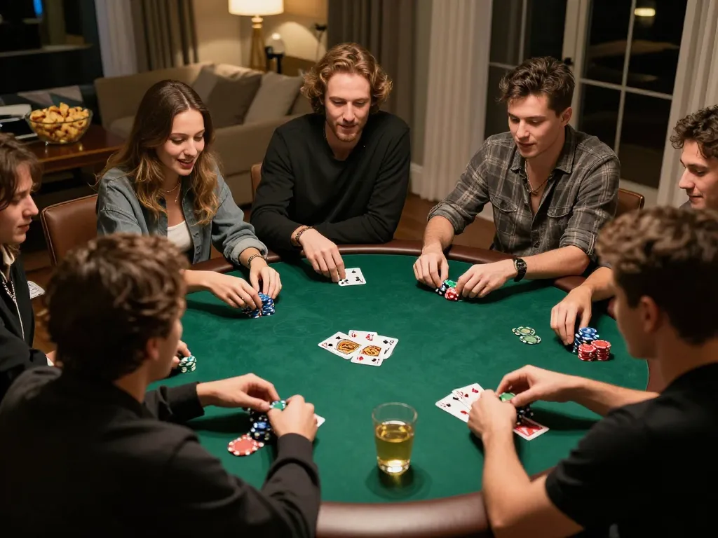 Friends playing poker at home during a KP88 game night, showcasing strategy and excitement in a cozy atmosphere.