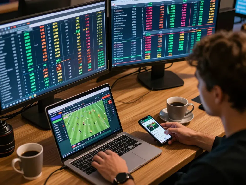 Engaged user analyzes real-time betting odds on tylecacuoc in modern workspace with multiple screens.