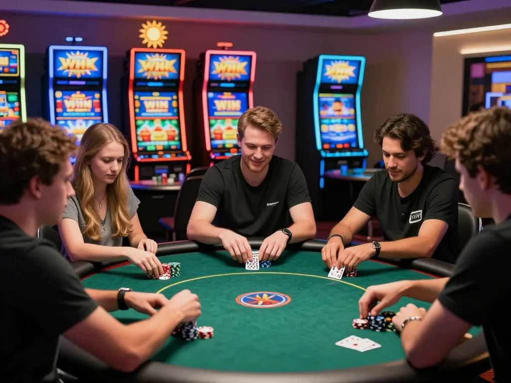Players at a virtual poker table enjoying sun win promotions in a vibrant online gambling atmosphere.