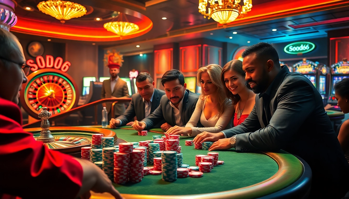 Experience the thrill of gaming at SODO66 with a luxurious poker and roulette setting.